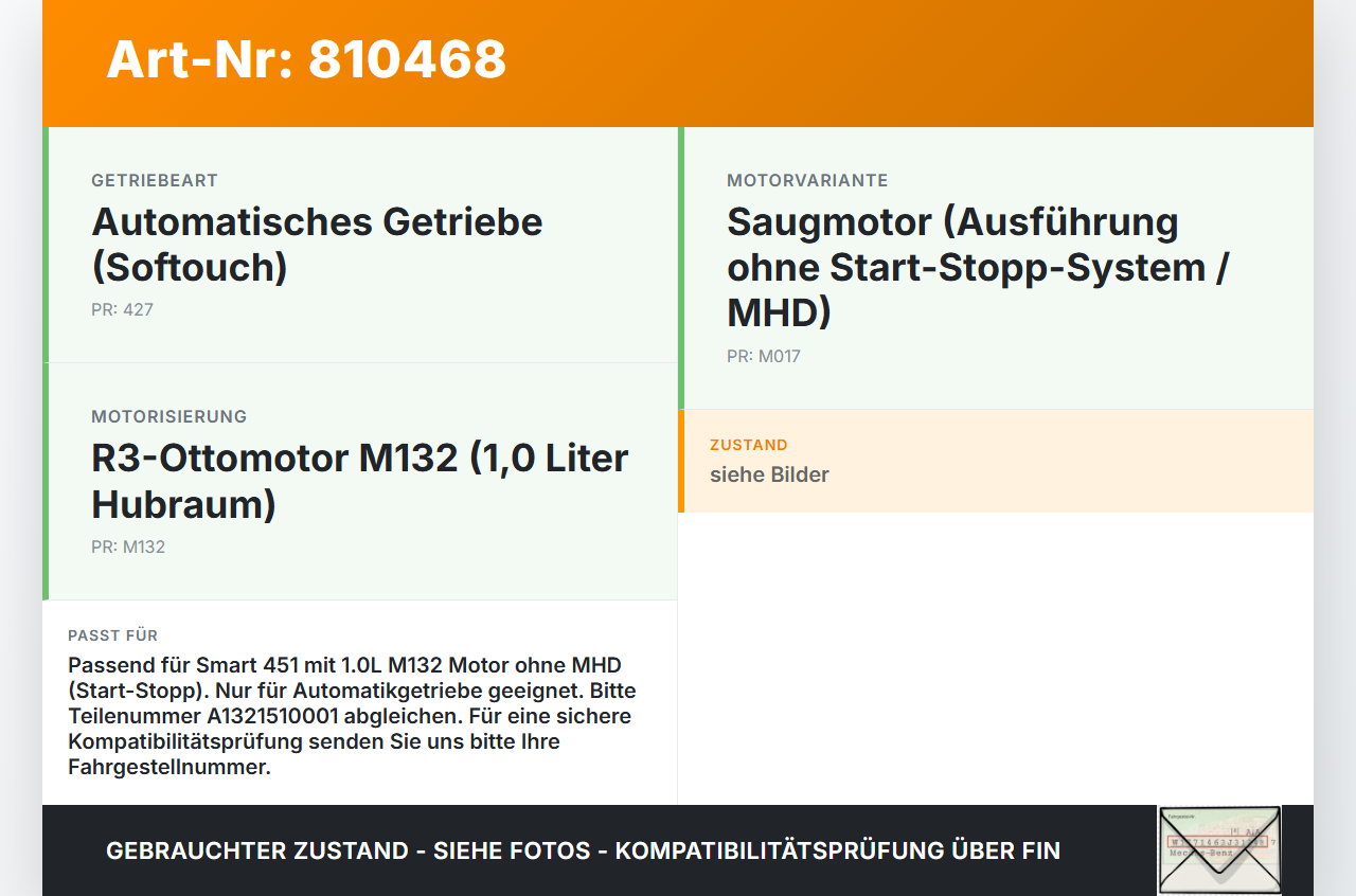 Smart ForTwo 451 07-10 1,0 52KW Autom Anlasser Starter Smart ForTwo 451 07-10 24.10.2007 A1321510001 gebraucht Vorschau 3