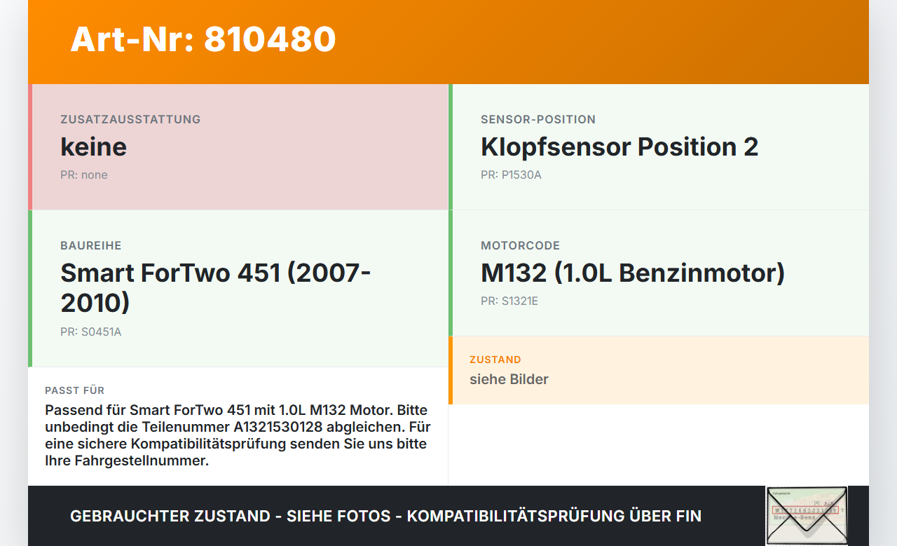 Smart ForTwo 451 07-10 Klopfsensor Sensor Pos.2 Smart ForTwo 451 07-10 24.10.2007 A1321530128 gebraucht Vorschau 3