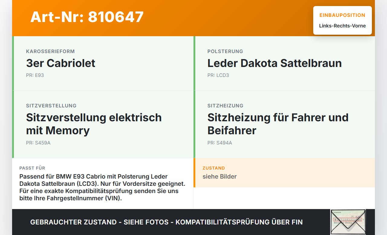 BMW E93 325i 07-10 Cabrio Leder Kopfstütze für Beifahrer Sitz Rechts oder Links Vorne Sattelbraun BMW E93 325i... Vorschau 3