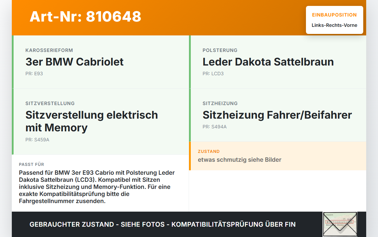 BMW E93 325i 07-10 Leder Kopfstütze für Fahrer Sitz Rechts oder Links Vorne Sattelbraun BMW E93 325i 07-10... Vorschau 3