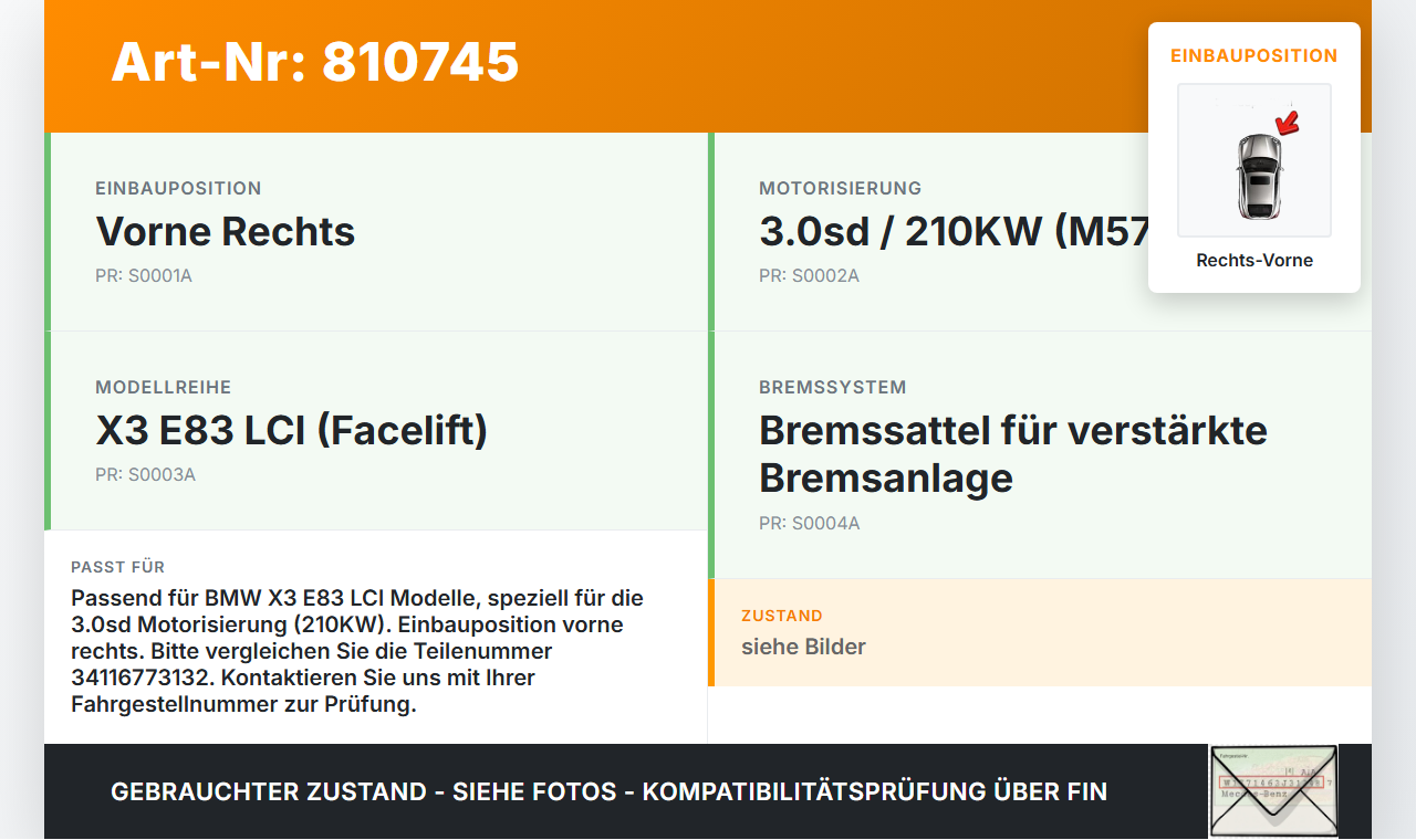 BMW X3 E83 LCI 06-10 3,0sd 210KW Bremssattel Bremszange Vorne Rechts BMW X3 E83 LCI 06-10 18.10.2006 6773132... Vorschau 3