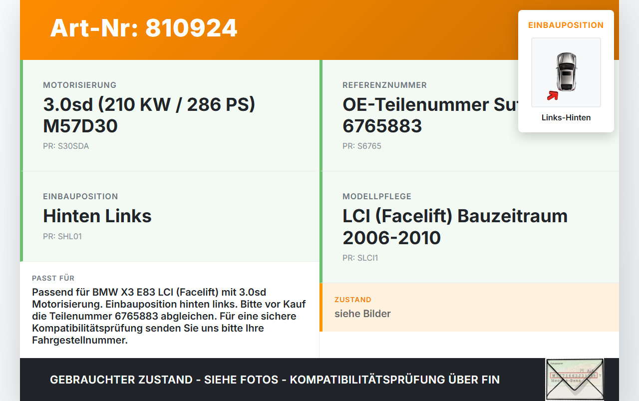 BMW X3 E83 LCI 06-10 3,0sd 210KW Bremssattel Bremszange Hinten Links BMW X3 E83 LCI 06-10 18.10.2006 3421-6765883... Vorschau 3