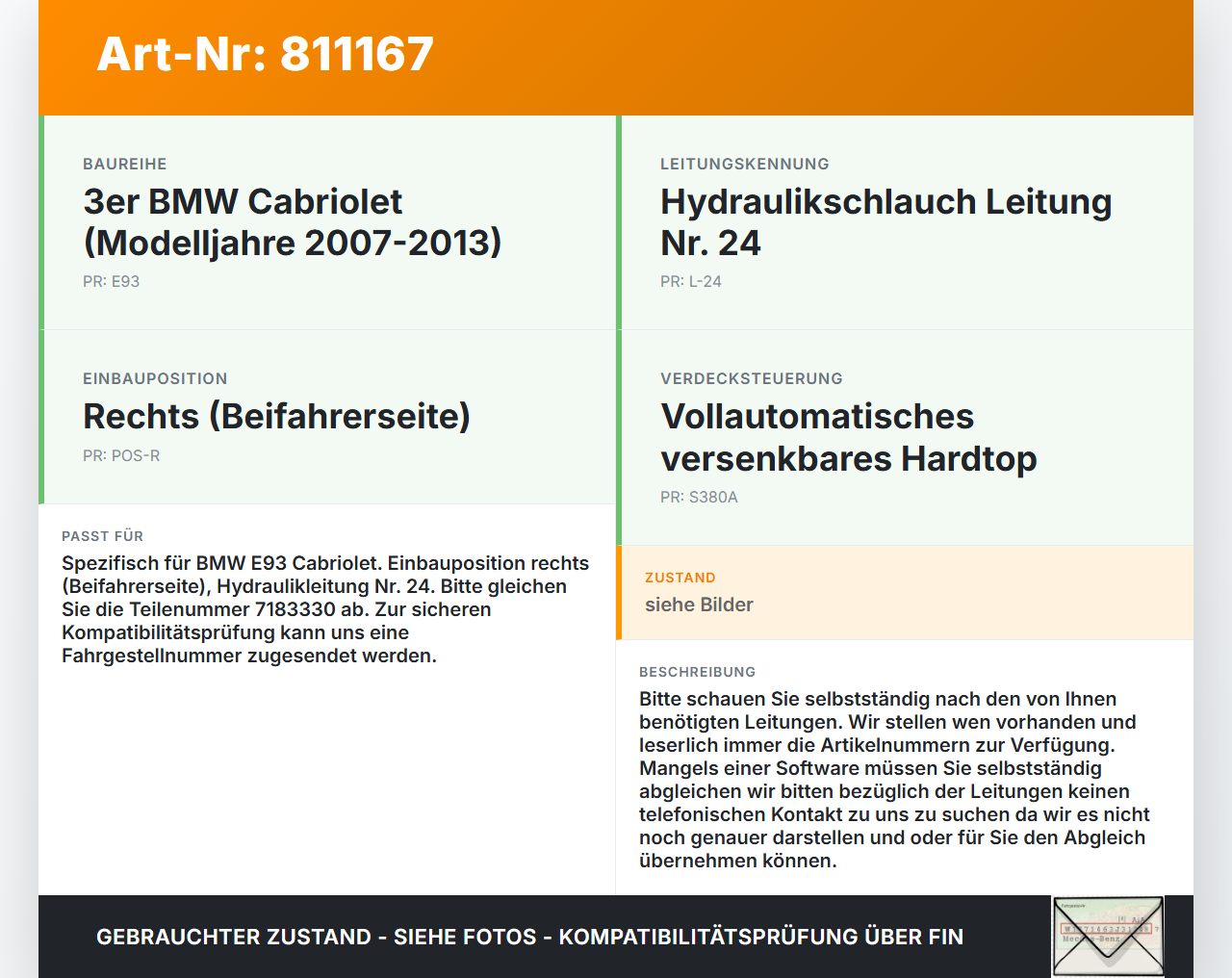 BMW E93 325i 07-10 Cabrio Hydraulik Schlauch Leitung 24 für Verdeck BMW E93 325i 07-10 24.05.2007 7183330... Vorschau 3