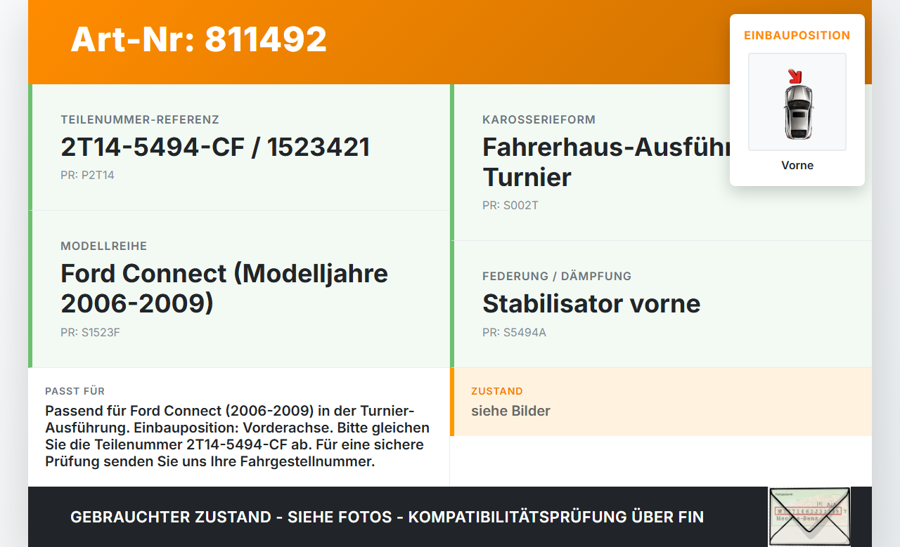 Ford Connect 06-09 Stabilisator Stabi Vorne Ford Connect 06-09 22.08.2008 2T14-5494-CF 1523421 gebraucht Vorschau 3