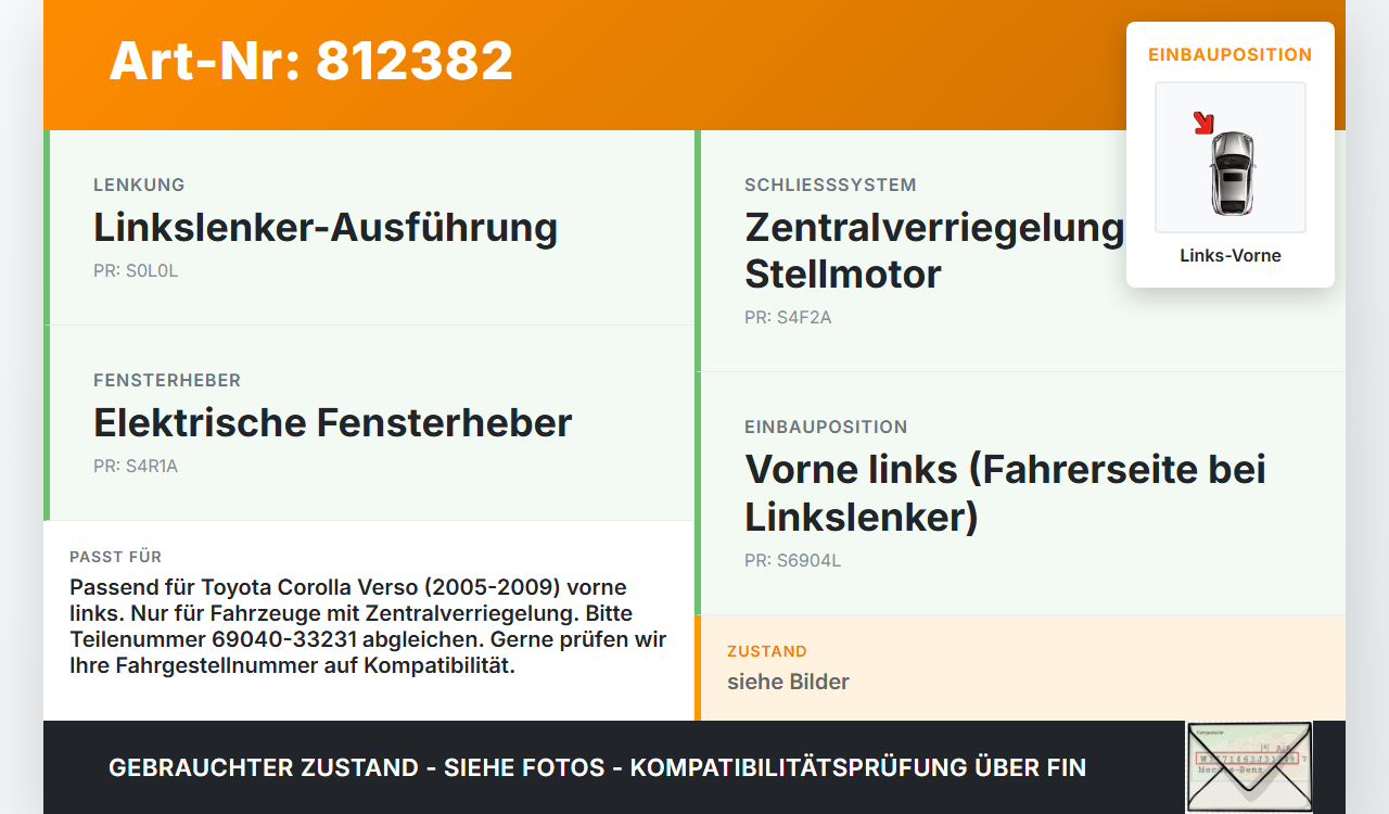 Toyota Corolla Verso 05-09 Türschloss mit ZV Stellmotor Links Vorne Toyota Corolla Verso 05-09 01.07.2007... Vorschau 3