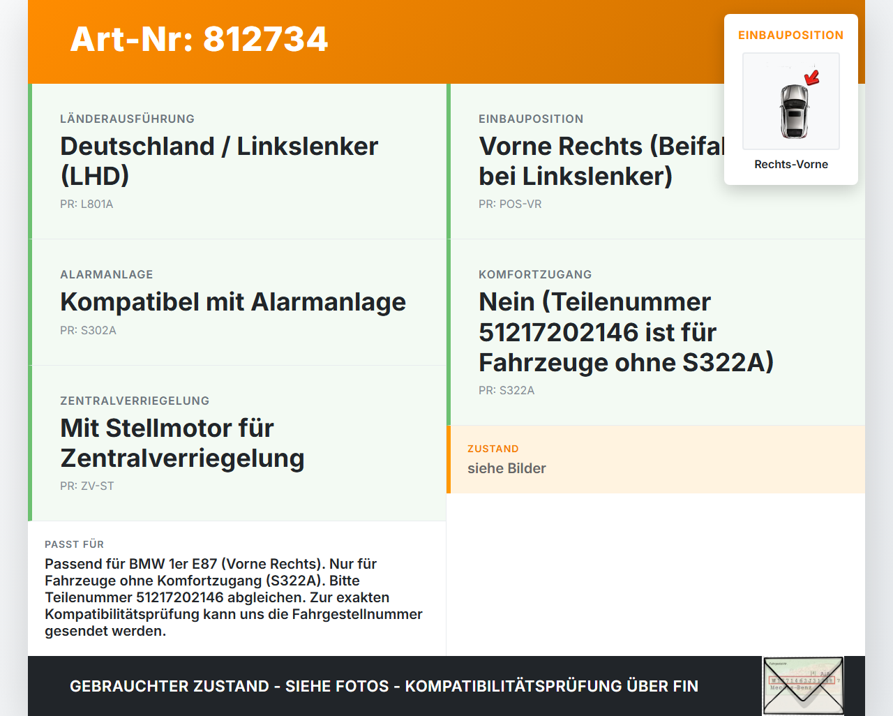 BMW E87 1er 116i 04-07 Türschloss m. ZV Stellmotor Rechts Vorne BMW E87 1er 116i 04-07 15.03.2005 7202146... Vorschau 3