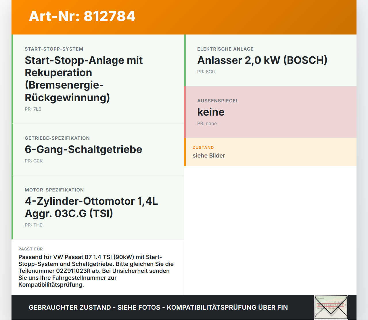 VW Passat 3C B7 10-14 TSI 1,4 90KW Anlasser Starter VW Passat 3C B7 10-14 31.01.2011 02Z911023R gebraucht Vorschau 3