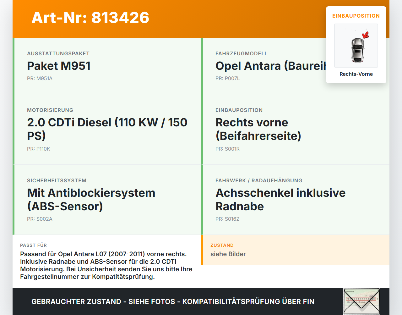 Opel Antara L07 07-11 CDTi 2,0 110KW Achsschenkel Radnabe mit ABS Rechts Vorne Opel Antara L07 07-11 09.02.2007... Vorschau 3