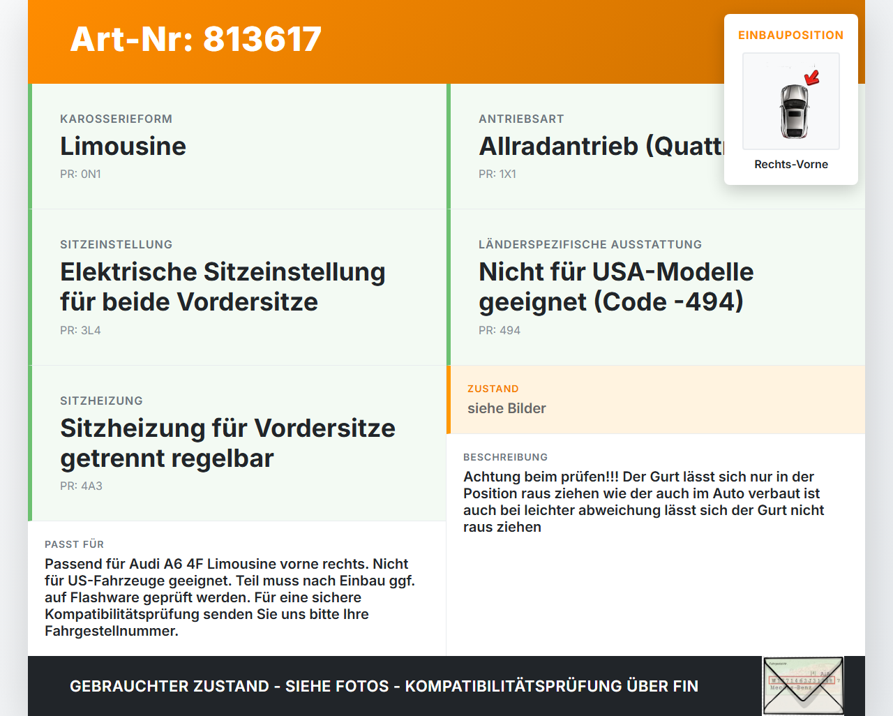 Audi A6 4F 6C QU 05-08 Lim Gurt Sicherheitsgurt Rechts Vorne Audi A6 4F 6C QU 05-08 02.01.2004 gebraucht Vorschau 3