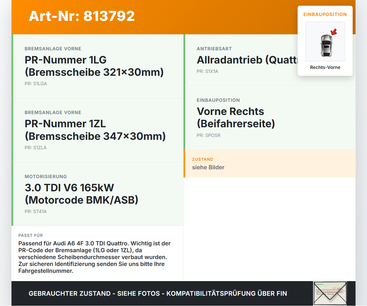 Audi A6 4F 6C QU 05-08 TDI 3,0 165KW Bremssattel Bremszange Vorne Rechts Audi A6 4F 6C QU 05-08 02.01.2004 gebraucht Vorschau 3