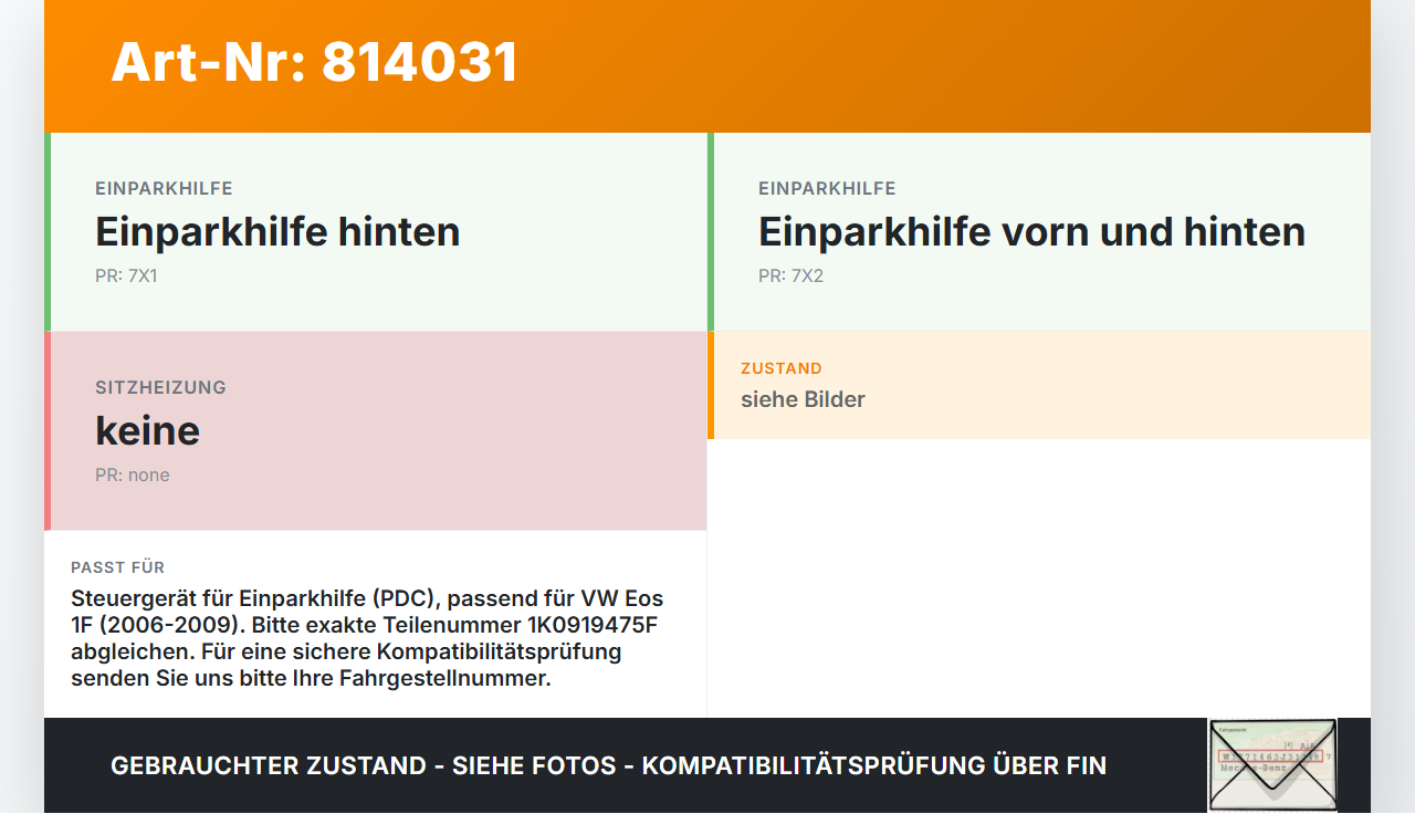 VW EOS 1F 06-09 Steuergerät ECU Modul SG für Einparkhilfe VW EOS 1F 06-09 22.04.2008 000054639 1K0919475F... Vorschau 3