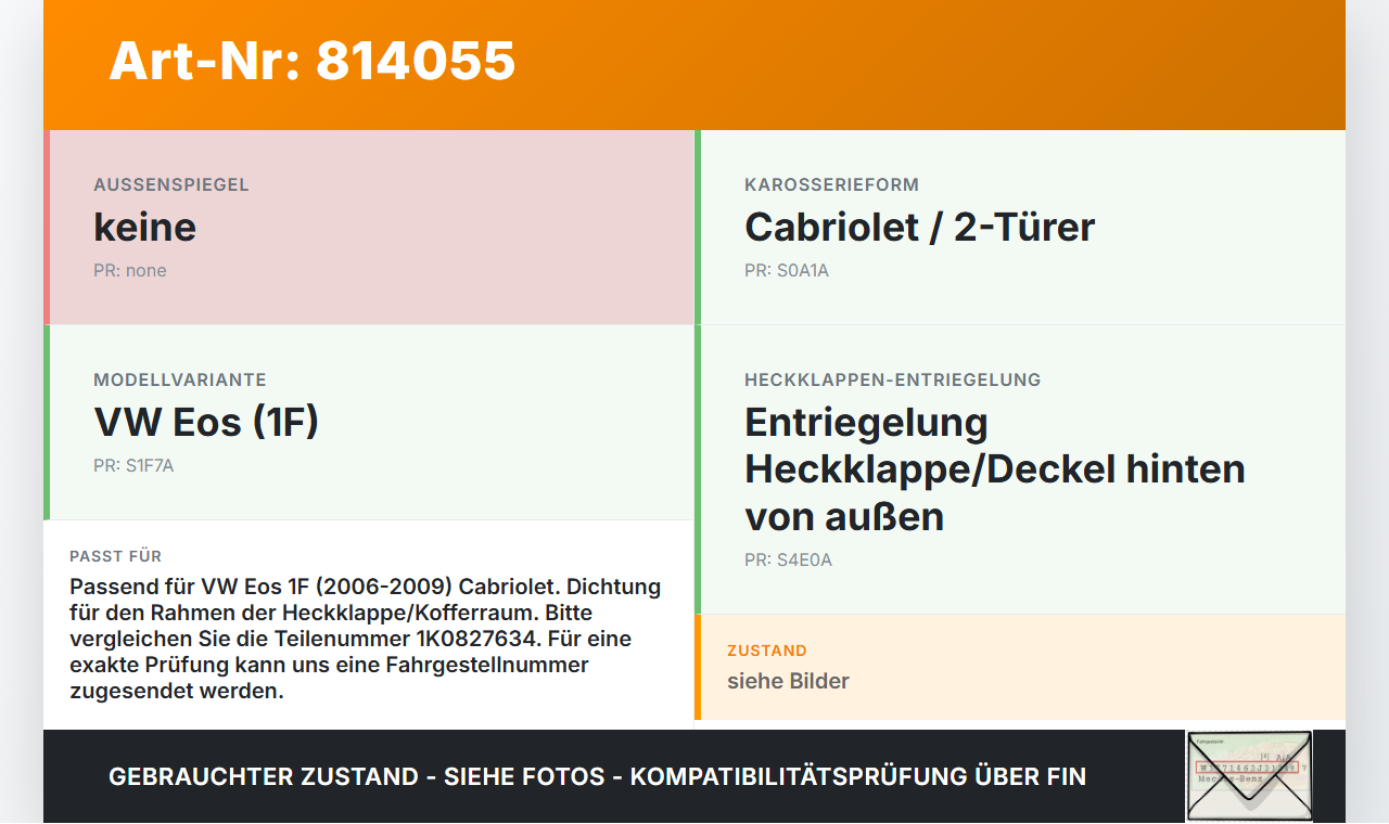 VW EOS 1F 06-09 Cabriolet Dichtung Rahmen für Heckklappe Kofferraum VW EOS 1F 06-09 22.04.2008 1K0827634 gebraucht Vorschau 3