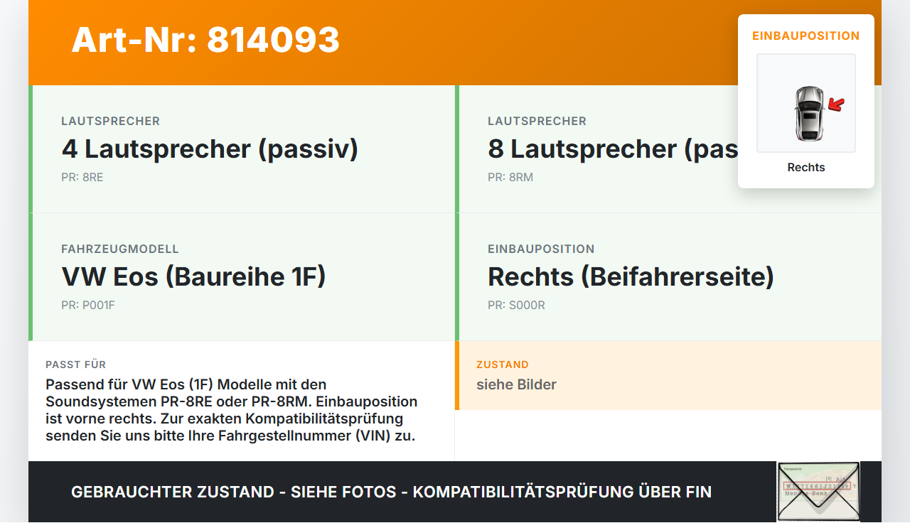 VW EOS 1F 06-09 Lautsprecher Hochtöner Rechts VW EOS 1F 06-09 22.04.2008 1Q0837974G gebraucht Vorschau 3