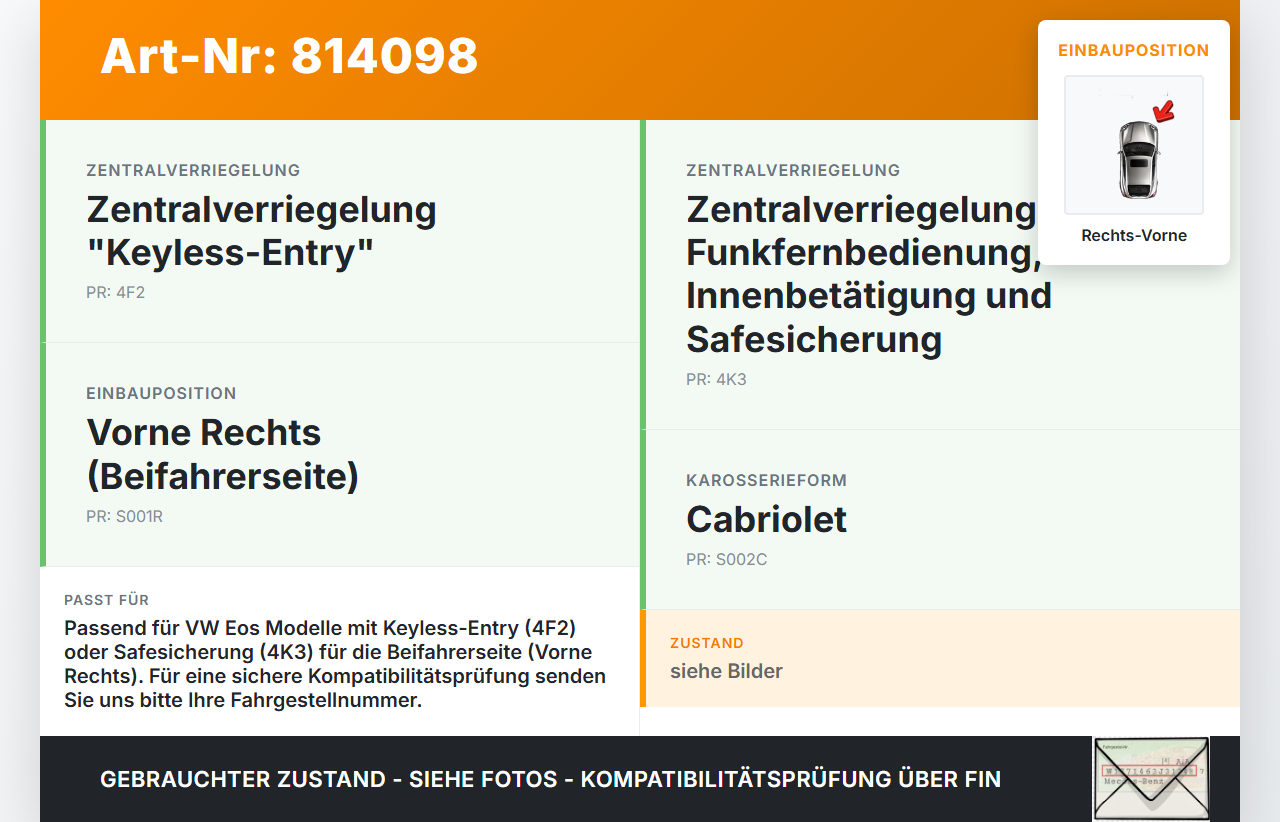 VW EOS 1F 06-09 Cabriolet Türschloss m. ZV Stellmotor Rechts Vorne VW EOS 1F 06-09 22.04.2008 1P1837016 gebraucht Vorschau 3