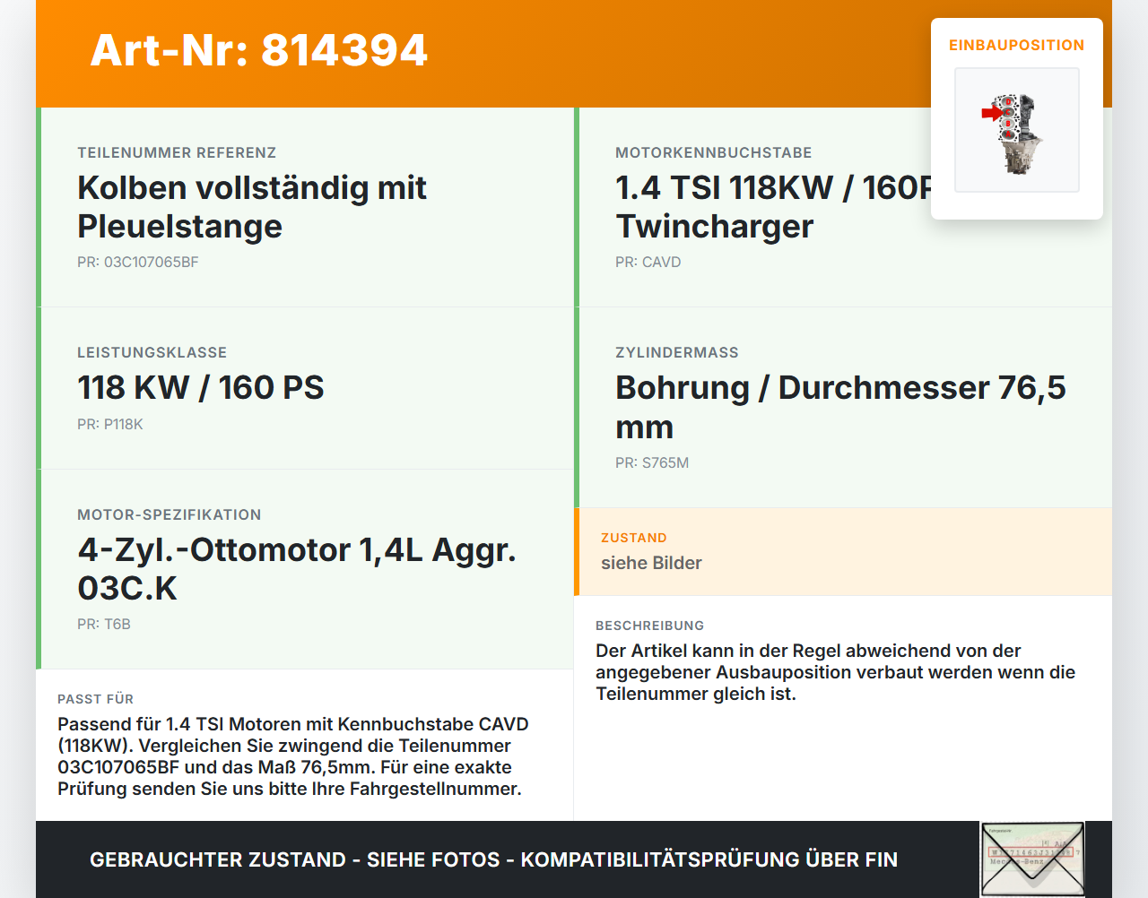 VW EOS 1F 06-09 TSI 1,4 118KW CAVD Kolben mit Pleuel Pos C 76,5 VW EOS 1F 06-09 22.04.2008 03C107065BF gebraucht Vorschau 3