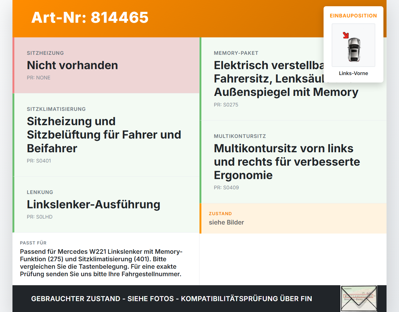 Mercedes W221 S320 05-09 Sitzverstellung Schalter Links Vorne f. Fahrer Memory Heiz Gebläse Mercedes W221 S320... Vorschau 3