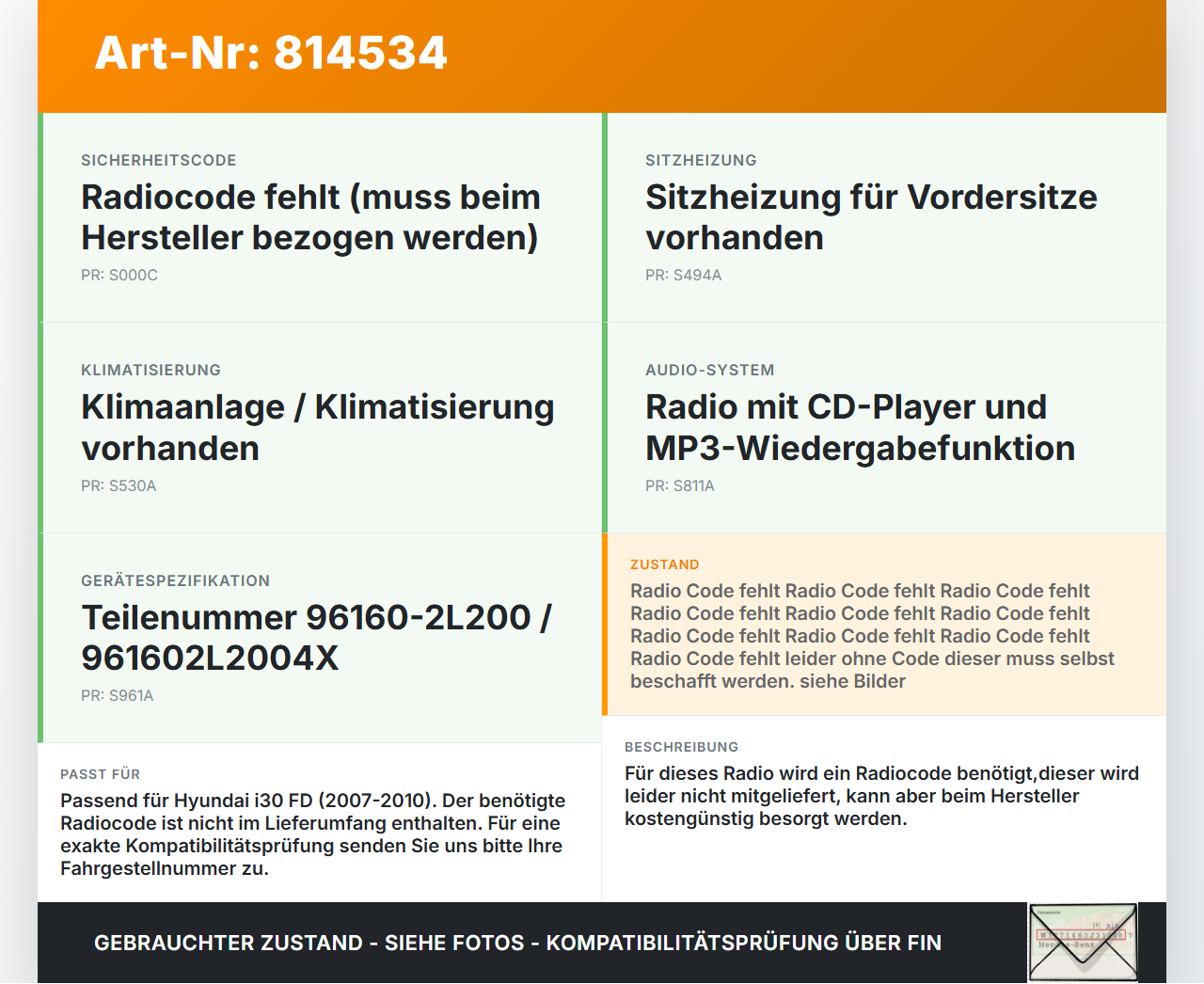 Hyundai I30 FD 07-10 Autoradio CD-Radio MP3 Hyundai I30 FD 07-10 21.12.2007 961602L2004X 96160-2L200 gebraucht Vorschau 3