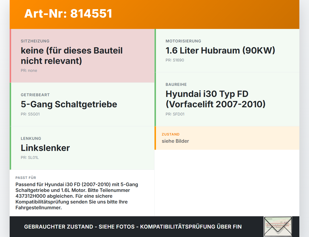 Hyundai I30 FD 07-10 1,6 90KW Schaltkulisse Schalthebel 5G Hyundai I30 FD 07-10 21.12.2007 437312H000 gebraucht Vorschau 3