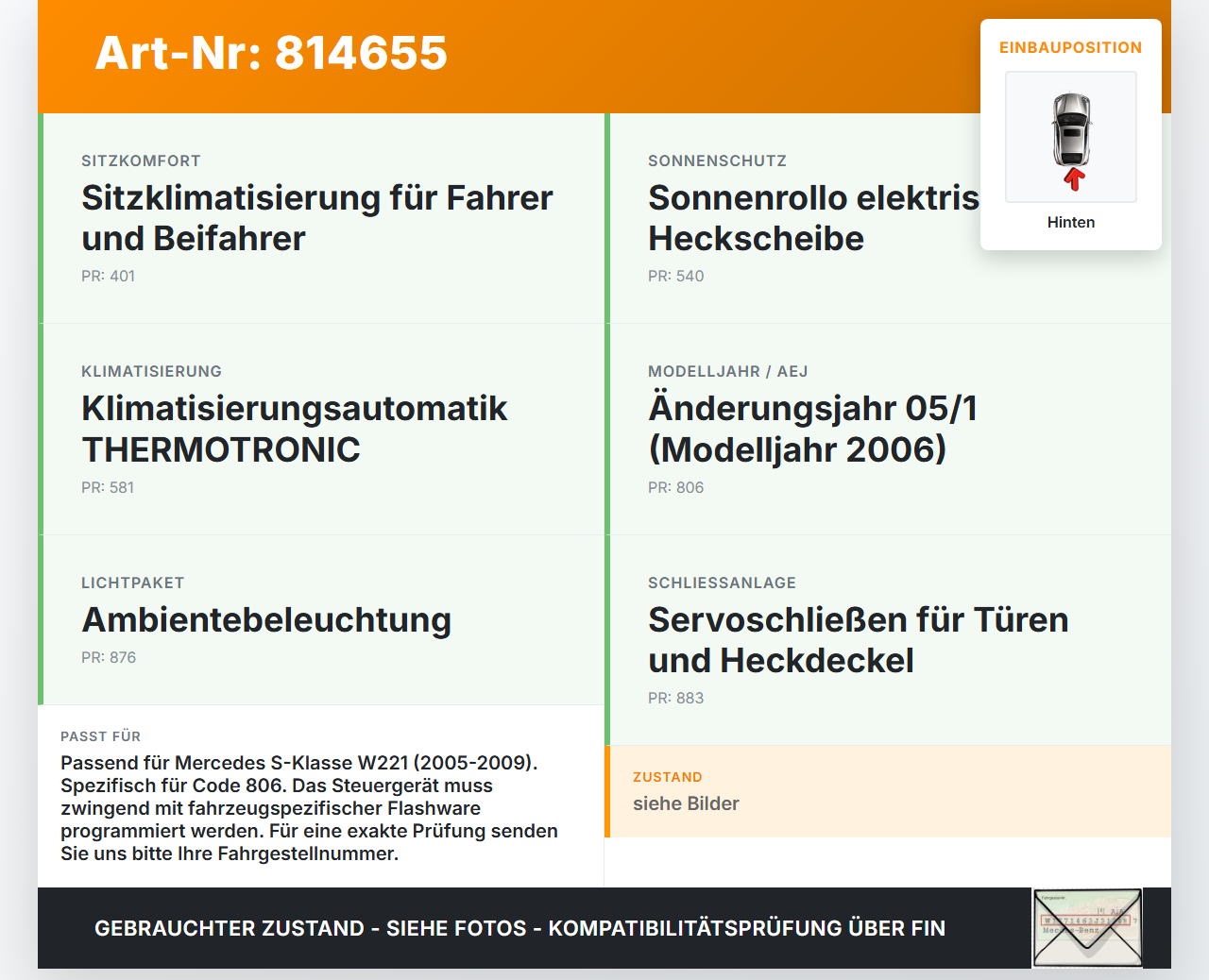 Mercedes W221 S320 05-09 Steuergerät ECU Modul SAM Hinten Mercedes W221 S320 05-09 25.07.2006 A2215455732... Vorschau 3