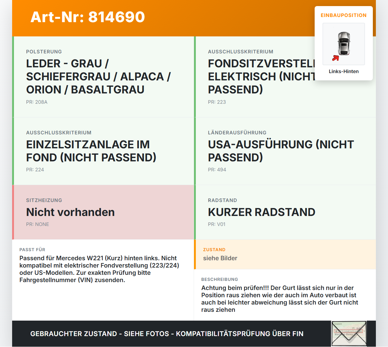 Mercedes W221 S320 05-09 Kurz Gurt Sicherheitsgurt Links Hinten Mercedes W221 S320 05-09 25.07.2006 A2218600385... Vorschau 3
