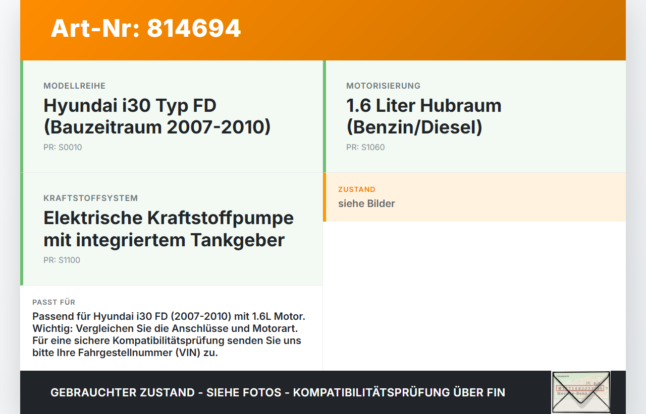 Hyundai I30 FD 07-10 1,6 90KW Kraftstoffpumpe Kraftstoff Förderpumpe Tankgeber Hyundai I30 FD 07-10 21.12.2007... Vorschau 3