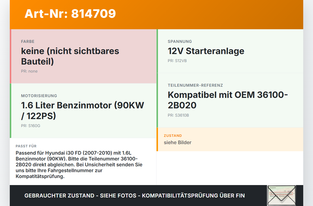 Hyundai I30 FD 07-10 1,6 90KW Anlasser Starter Hyundai I30 FD 07-10 21.12.2007 361002B020 36100-2B020 gebraucht Vorschau 3