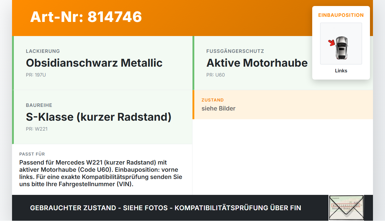 Mercedes W221 S320 05-09 Kurz Scharnier für Motorhaube Motorhaubenscharnier Links Mercedes W221 S320 05-09... Vorschau 3