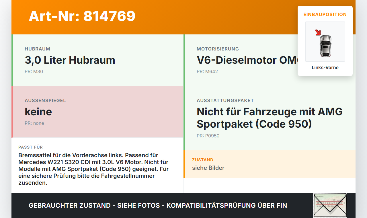 Mercedes W221 S320 05-09 CDI 3,0 173KW Bremssattel Bremszange Vorne Links Mercedes W221 S320 05-09 25.07.2006... Vorschau 3