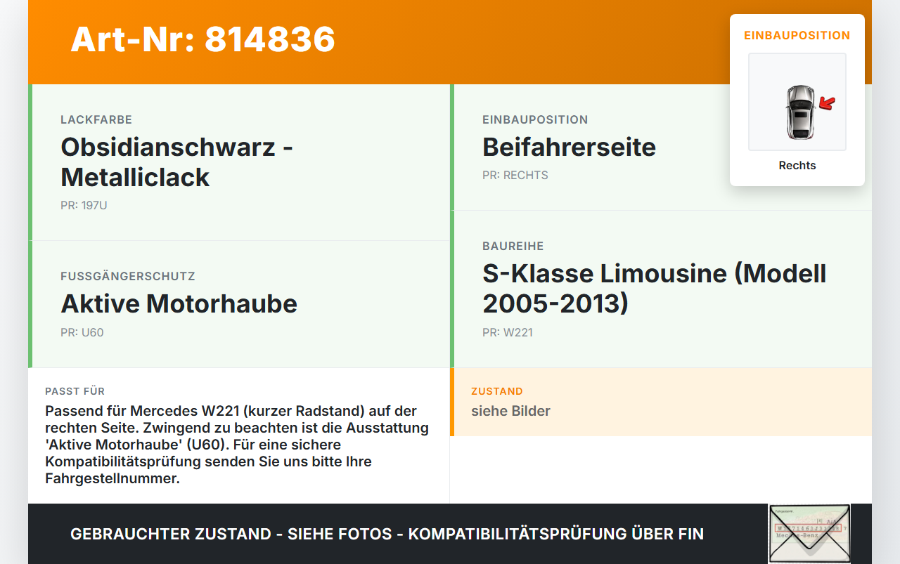 Mercedes W221 S320 05-09 Kurz Scharnier für Motorhaube Motorhaubenscharnier Rechts Mercedes W221 S320 05-09... Vorschau 3