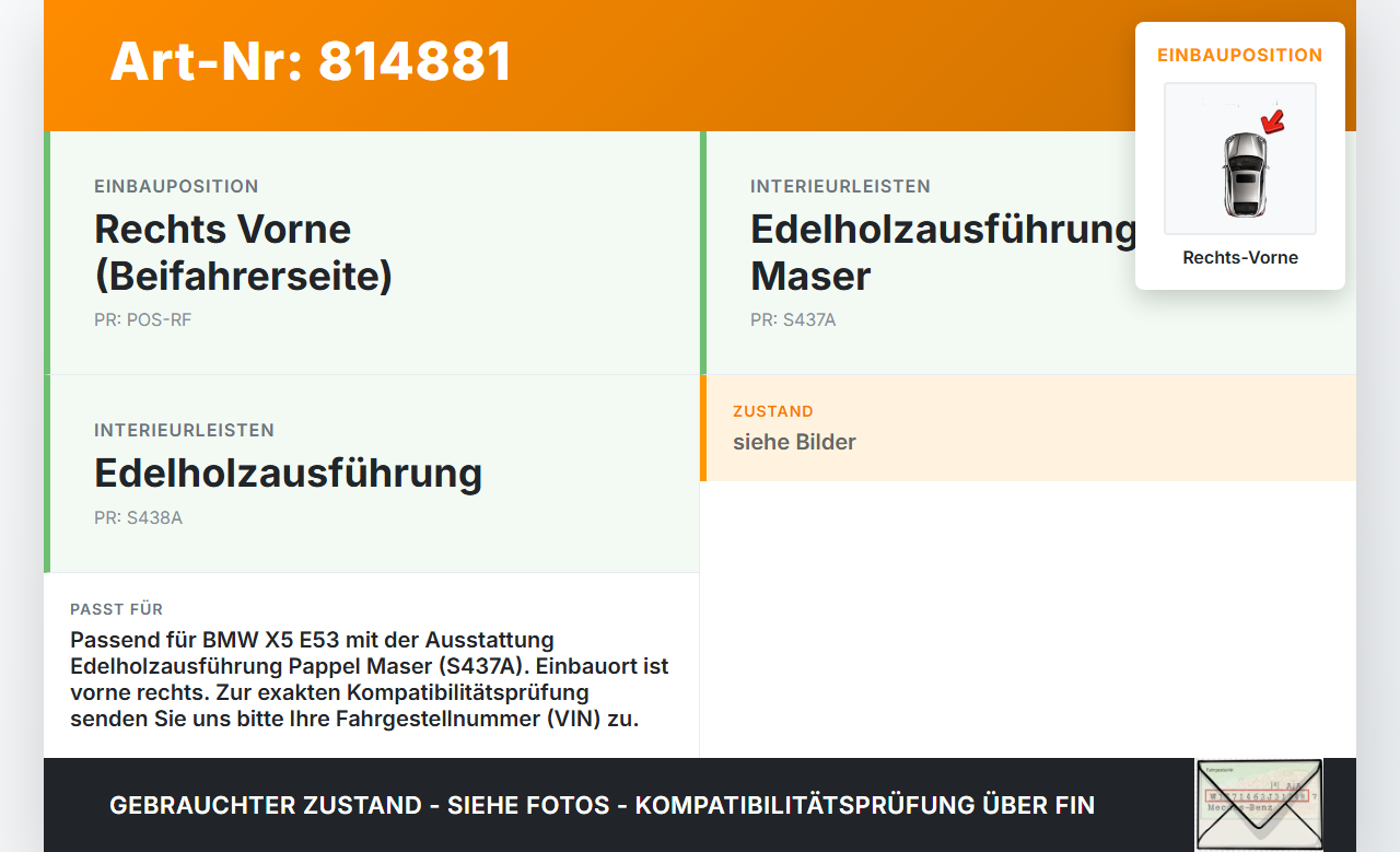 BMW E53 X5 01-03 Türleiste Rechts Vorne Innen Holzdekor Pappel BMW E53 X5 01-03 08.05.2003 8261742 51418261742 gebraucht Vorschau 3