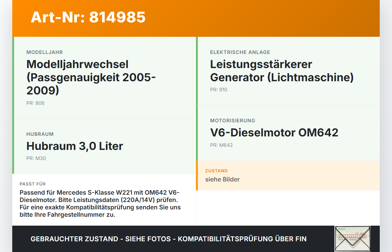 Mercedes W221 S320 05-09 CDI 3,0 173KW Lichtmaschine Generator 220A Mercedes W221 S320 05-09 25.07.2006 0121813003... Vorschau 3
