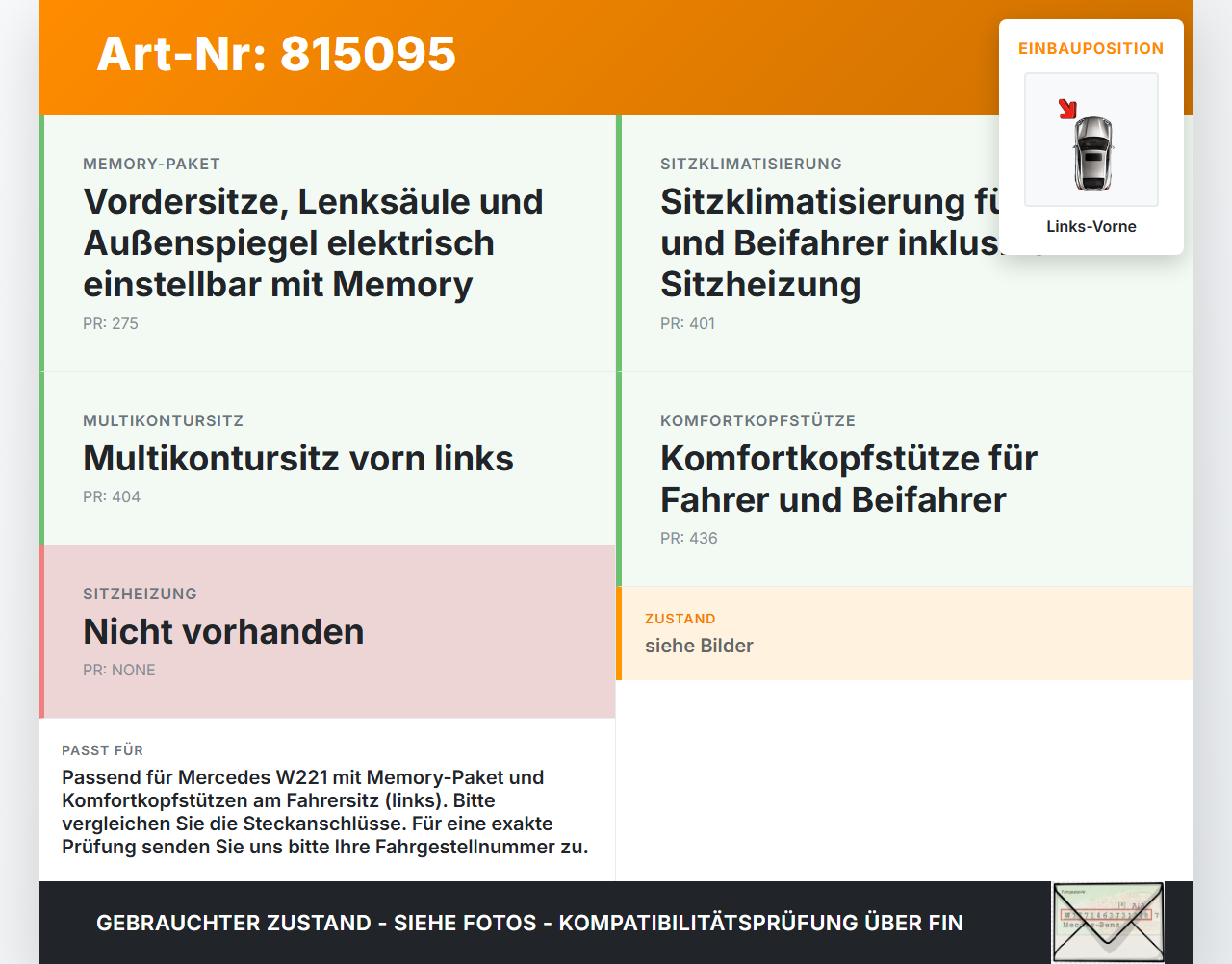 Mercedes W221 S320 05-09 Stellmotor Kopfstütze Verstellung Fahrer Sitz Links Vorne Mercedes W221 S320 05-09... Vorschau 3