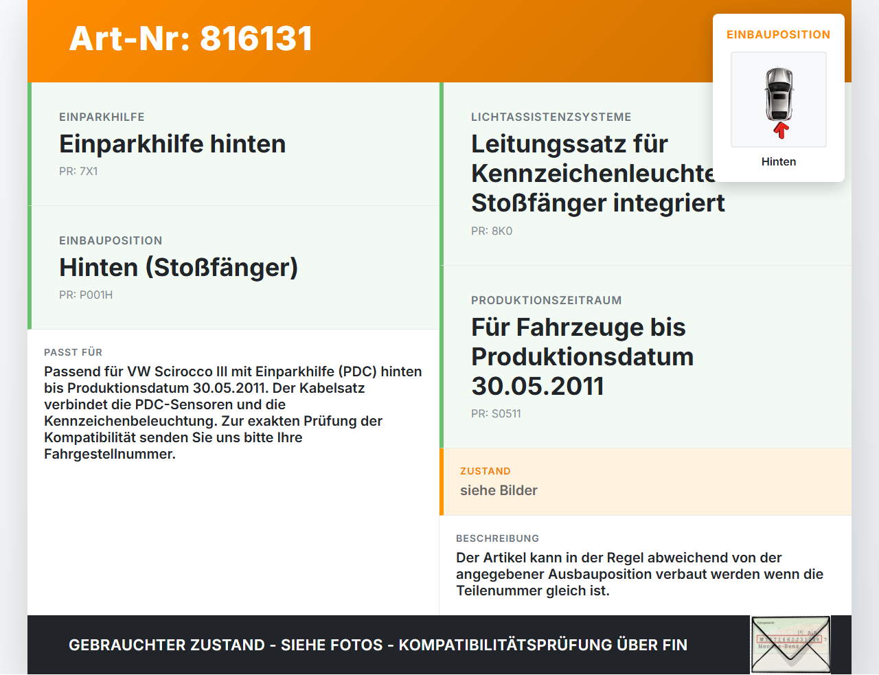 VW Scirocco III 13 08-14 PDC Kabelbaum Pos.1 Hinten VW Scirocco III 13 08-14 17.03.2009 1K8971104E gebraucht Vorschau 3