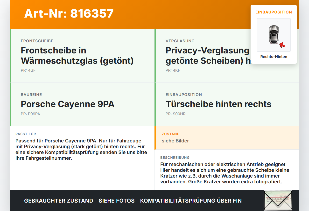 Porsche Cayenne 9PA 07-10 RHK Seitenscheibe für Tür Türscheibe Rechts Hinten Orig. getönt Porsche Cayenne 9PA 07-10... Vorschau 3