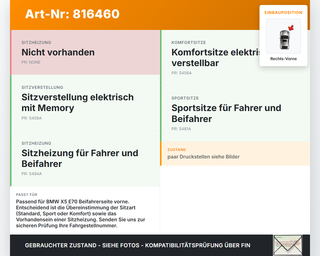 BMW X5 35d E70 06-10 Sitzbezug Rückenpolster Rechts Vorne für Beifahrer Sitz BMW X5 35d E70 06-10 29.06.2007... Vorschau 3