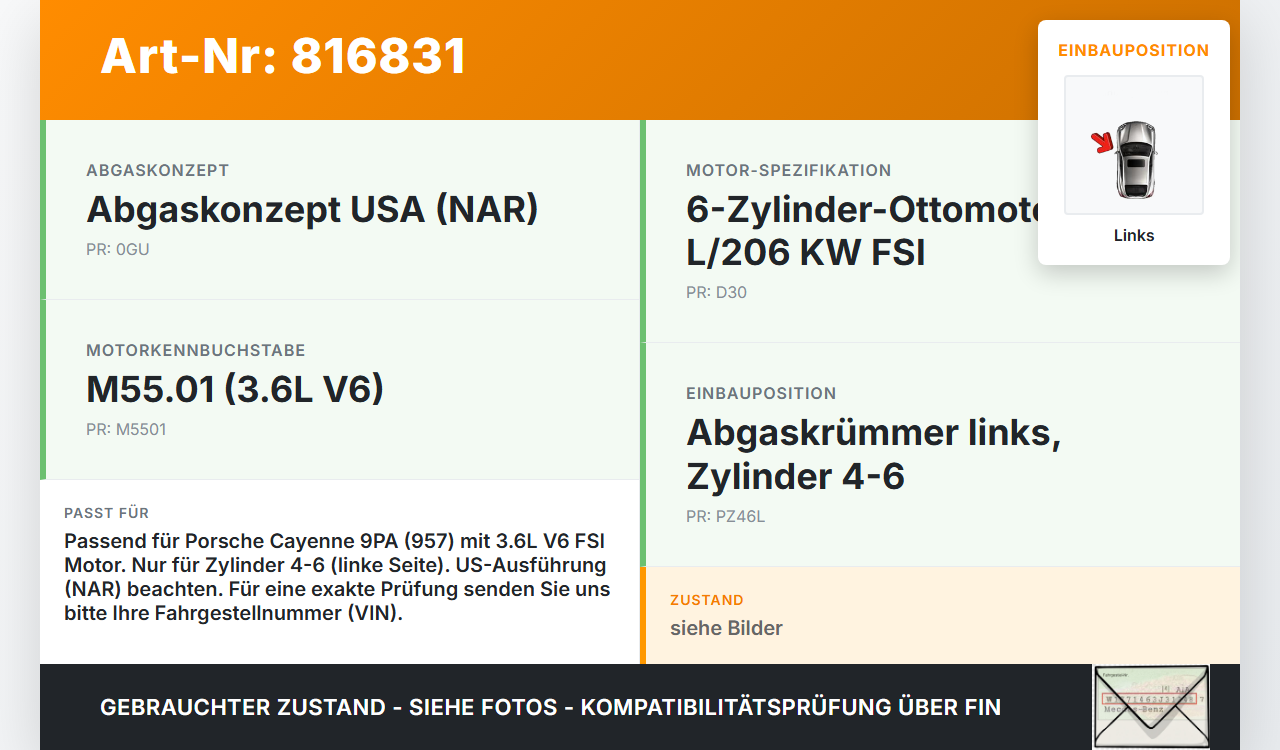 Porsche Cayenne 9PA 07-10 3,6 213KW 5501 Abgaskrümmer Links Porsche Cayenne 9PA 07-10 16.01.2008 03H263032C... Vorschau 3