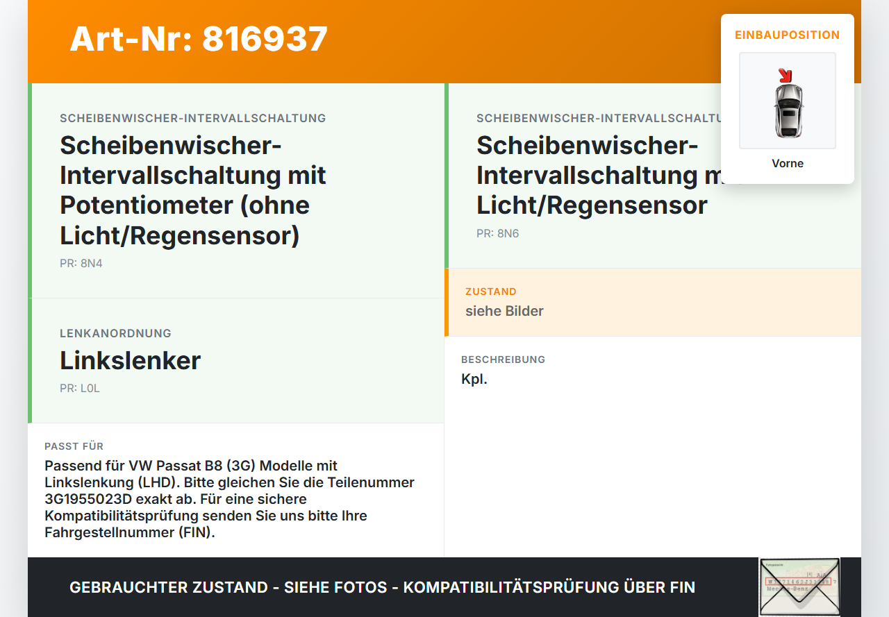 VW Passat 3G B8 14-19 Wischermotor m. Wischergestänge Vorne VW Passat 3G B8 14-19 28.04.2016 3G1955023D 3G1955023C... Vorschau 3