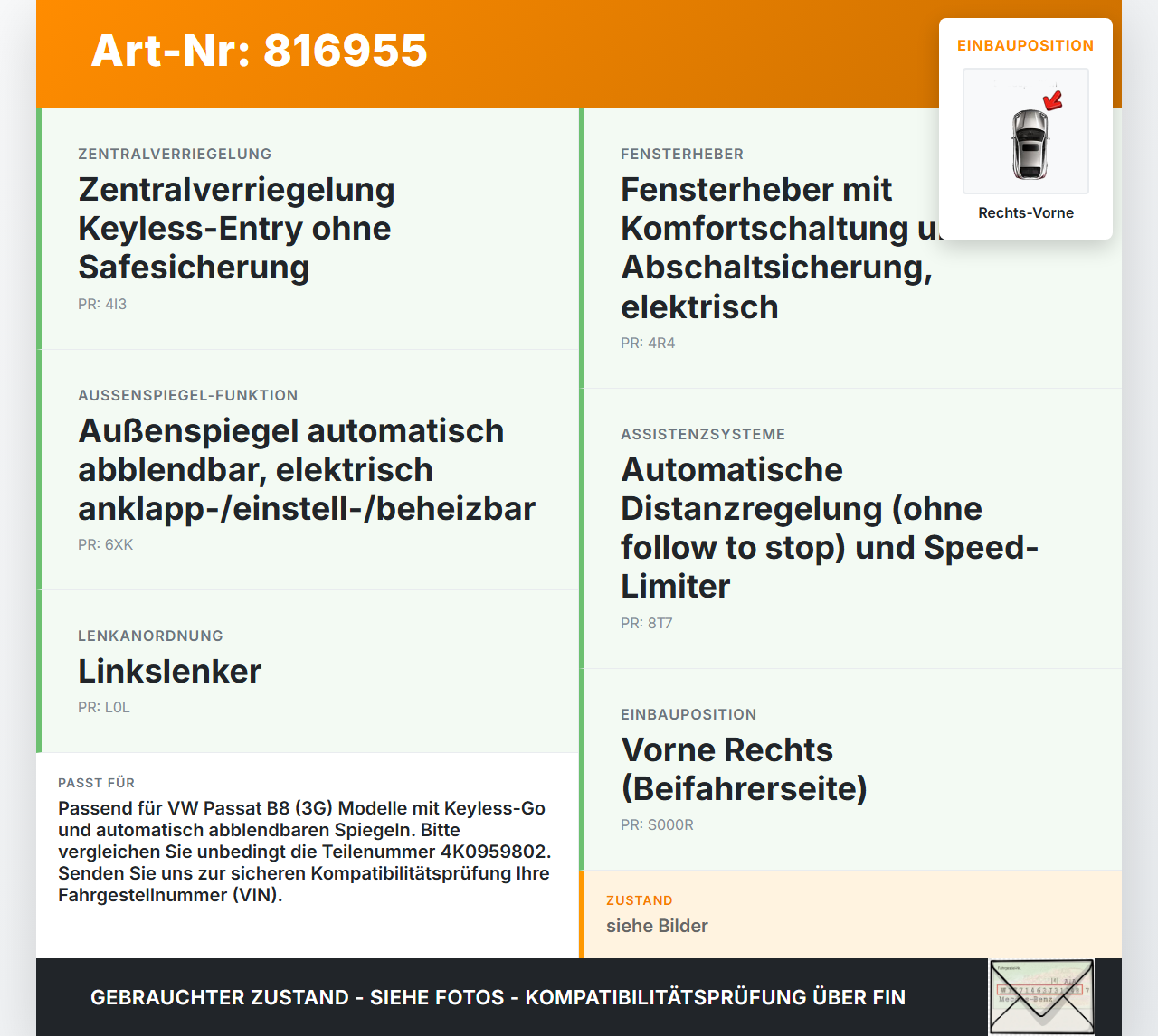 VW Passat 3G B8 14-19 Kombi Fensterhebermotor Rechts Vorne VW Passat 3G B8 14-19 28.04.2016 4K0959802 5Q4959802B... Vorschau 3