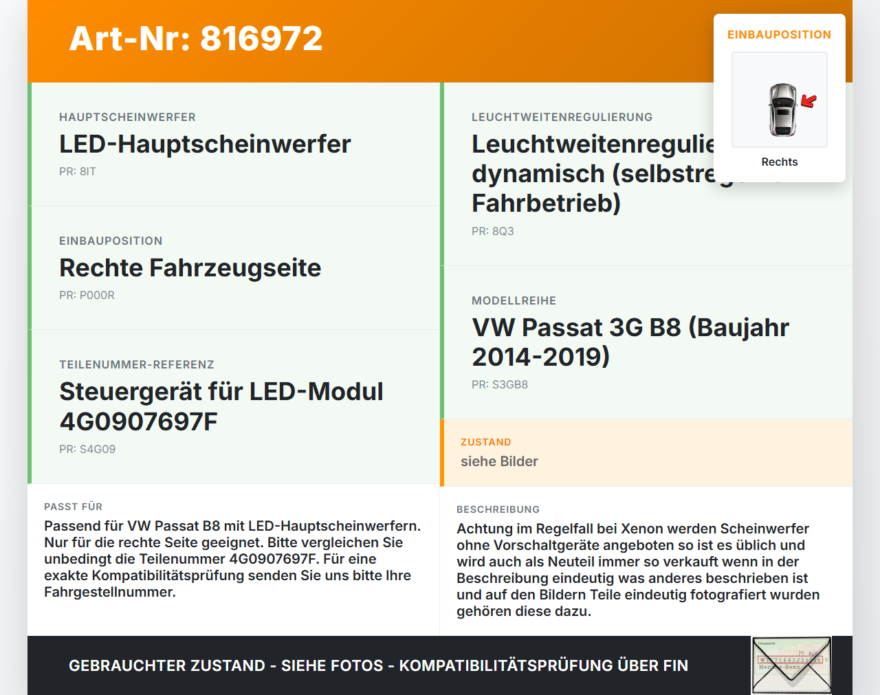 VW Passat 3G B8 14-19 LED Einheit für Scheinwerfer Rechts Valeo VW Passat 3G B8 14-19 28.04.2016 4G0907697F... Vorschau 3