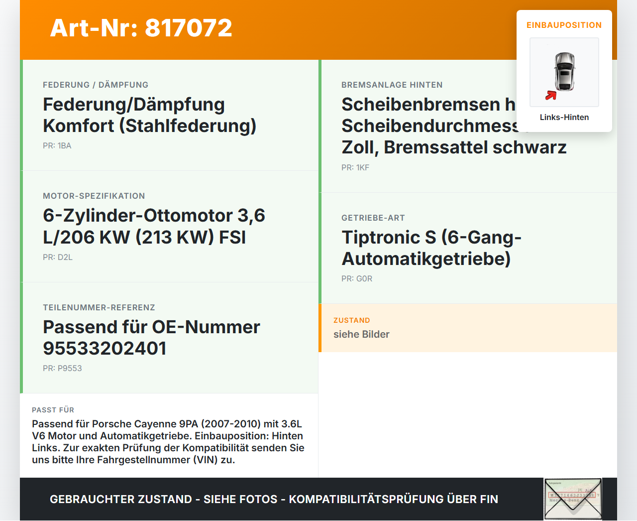 Porsche Cayenne 9PA 07-10 3,6 213KW Autom Antriebswelle Gelenkwelle Links Hinten Porsche Cayenne 9PA 07-10... Vorschau 3