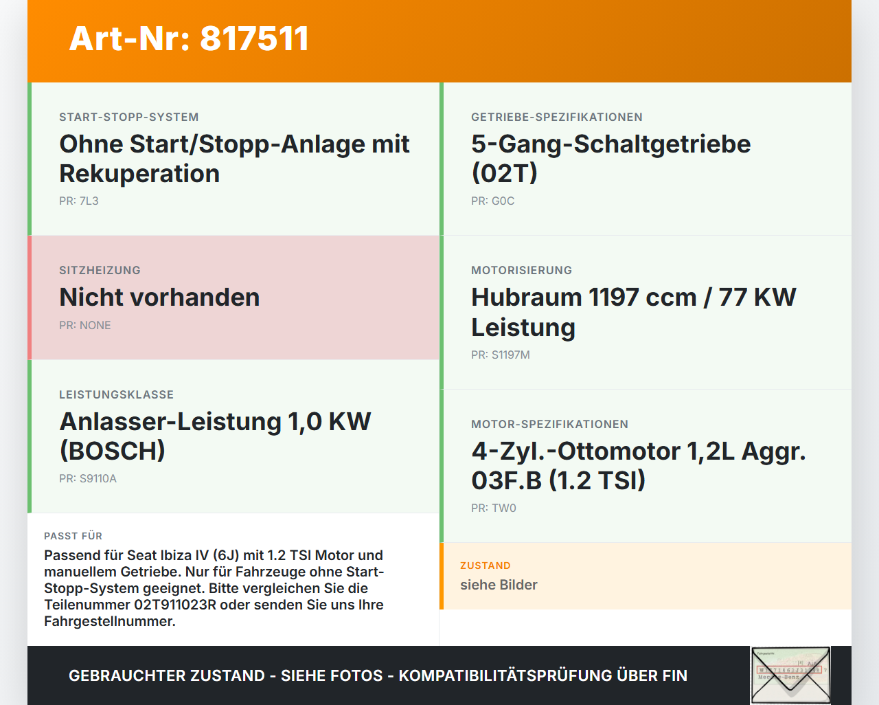 Seat Ibiza IV 6J ST 08-12 1197 77KW Anlasser Starter Seat Ibiza IV 6J ST 08-12 14.04.2011 02T911023R gebraucht Vorschau 3