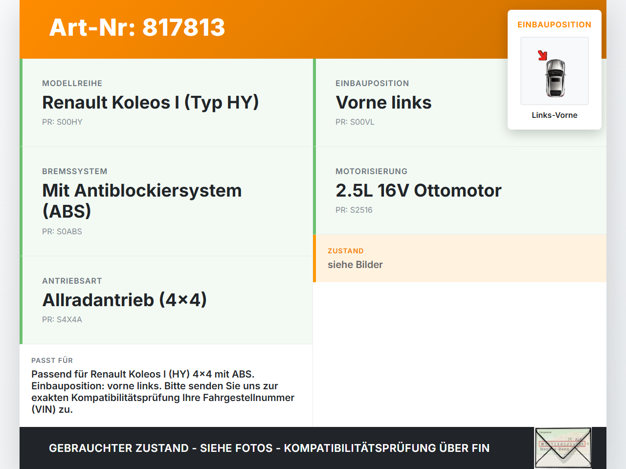 Renault Koleos I HY 4x4 07-11 16V 2,5 126KW Achsschenkel Radnabe mit ABS Links Vorne Renault Koleos I HY 4x4 07-11... Vorschau 3