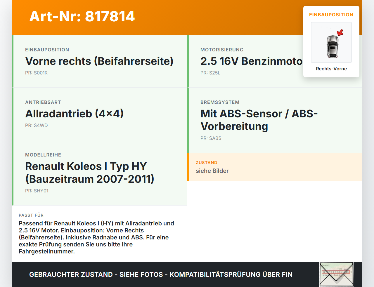Renault Koleos I HY 4x4 07-11 16V 2,5 126KW Achsschenkel Radnabe mit ABS Rechts Vorne Renault Koleos I HY 4x4 07-11... Vorschau 3