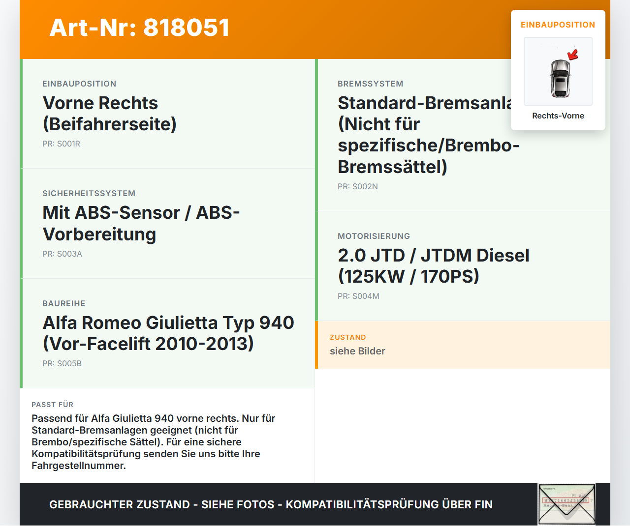 Alfa Giulietta 940 10-13 JTD 2,0 125KW Achsschenkel Radnabe mit ABS Rechts Vorne Alfa Giulietta 940 10-13... Vorschau 3