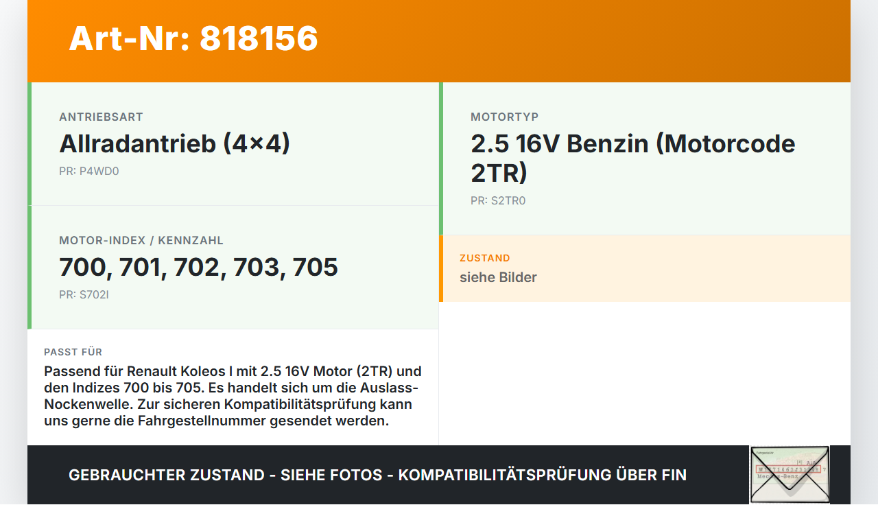 Renault Koleos I HY 4x4 07-11 16V 2,5 126KW 2TR 702 Nockenwelle Auslass Renault Koleos I HY 4x4 07-11 19.06.2009... Vorschau 3