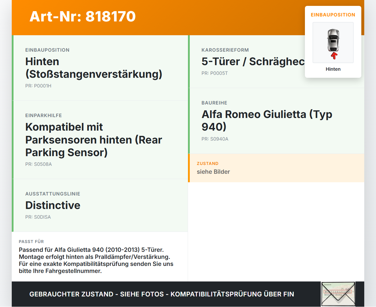 Alfa Giulietta 940 10-13 5T Träger Pralldämpfer für Stoßstange Hinten Alfa Giulietta 940 10-13 11.06.2010 50513489... Vorschau 3