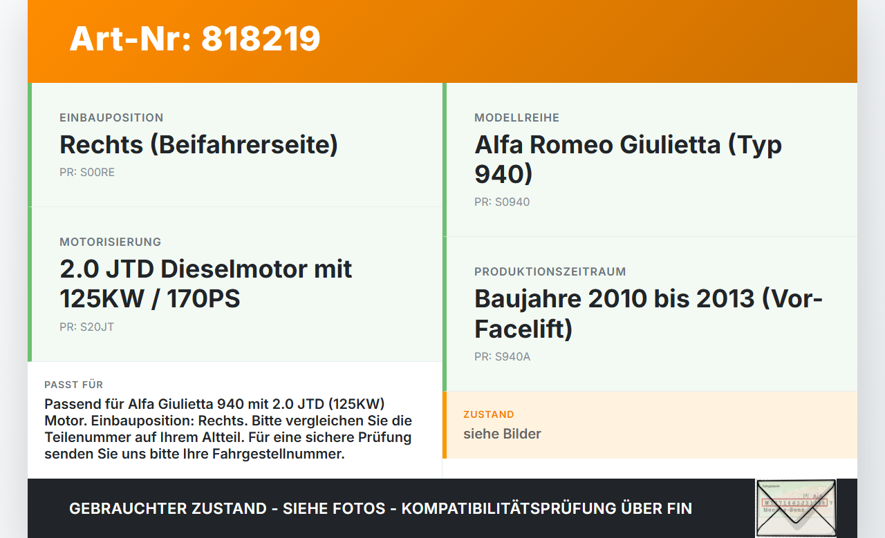 Alfa Giulietta 940 10-13 JTD 2,0 125KW Railsensor Drucksensor Alfa Giulietta 940 10-13 11.06.2010 51811229 gebraucht Vorschau 3