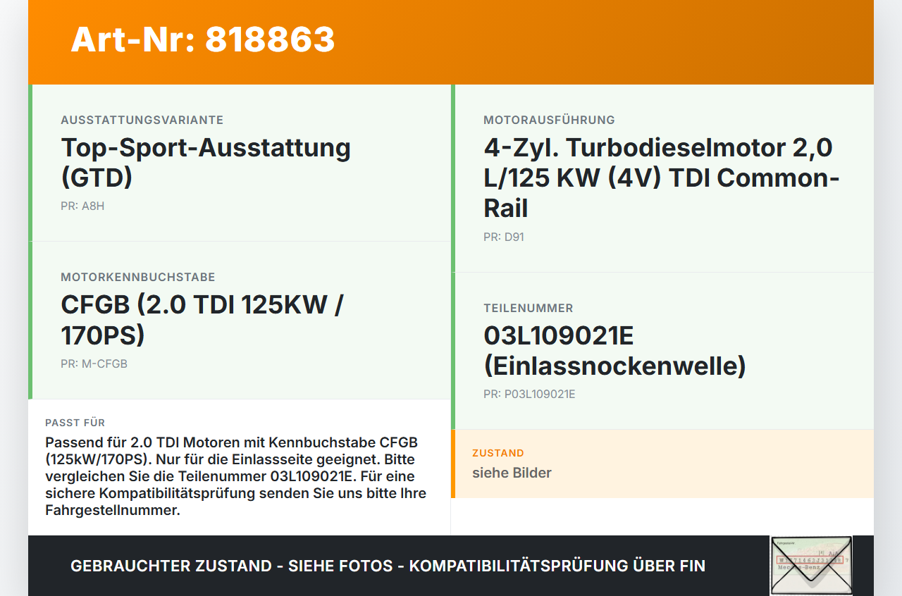 VW Golf VI 6 1K GTD 09-12 TDI 2,0 125KW CFGB Nockenwelle Einlass VW Golf VI 6 1K GTD 09-12 16.11.2011 03L109021E... Vorschau 3