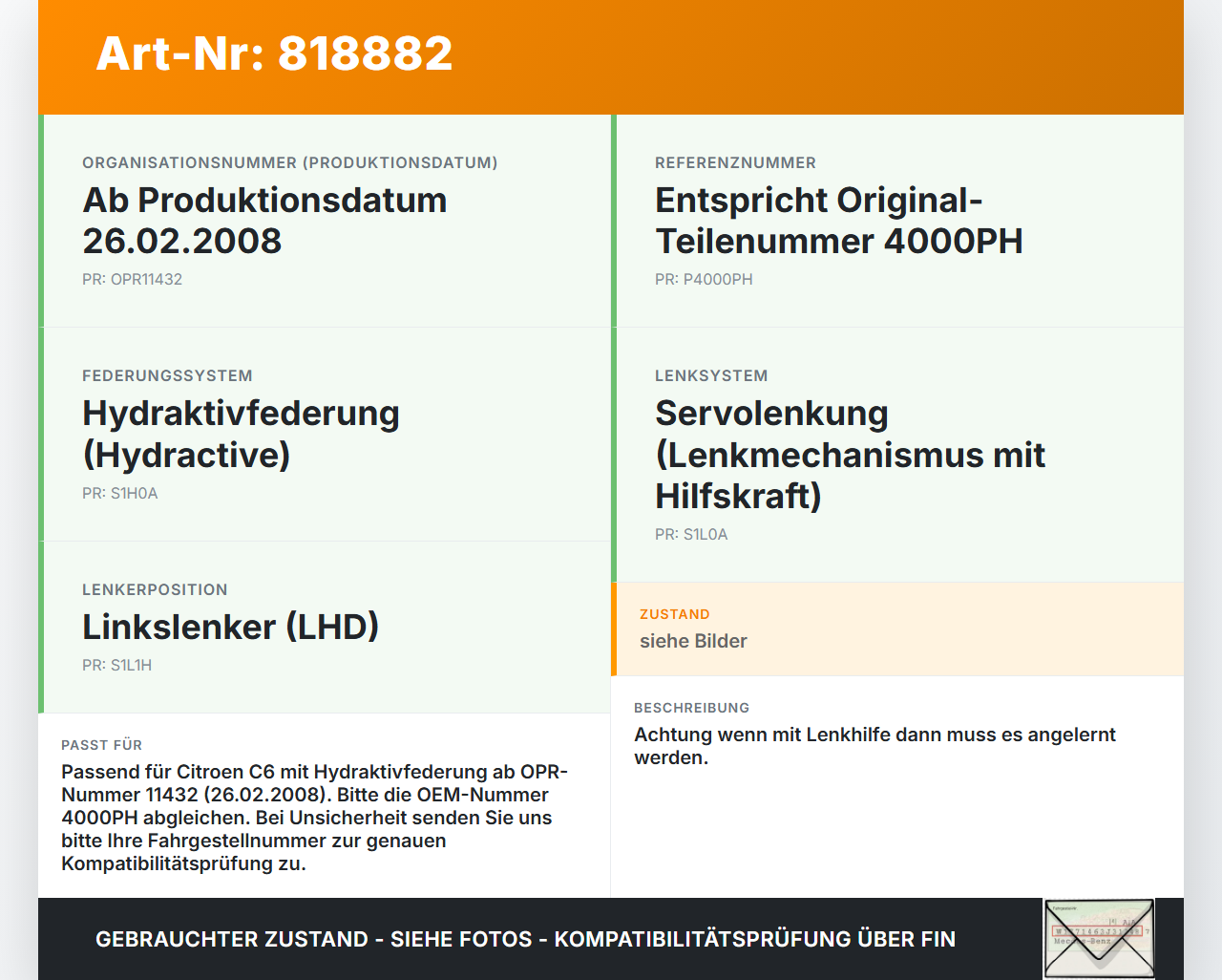 Citroen C6 TD 05-11 Lenkgetriebe Servolenkung Citroen C6 TD 05-11 05.01.2007 4000PH gebraucht Vorschau 3