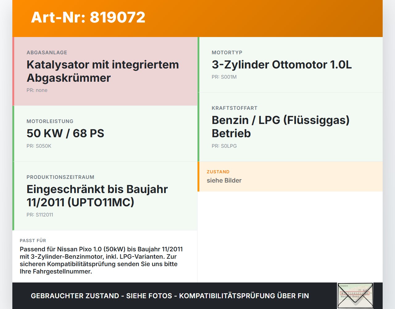 Nissan Pixo UA0 D31S 1,0 50KW Katalysator Kat Vorkat mit Abgaskrümmer Nissan Pixo UA0 D31S 04.09.2009 140044A00C... Vorschau 3